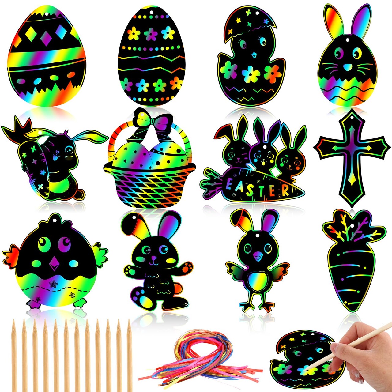 Easter Crafts for Kids, 36 Pack Magic Rainbow Scratch Paper Kit Cute Bunny Scratch Art for Kids Easter Party Favors Gifts Egg Basket Stuffers